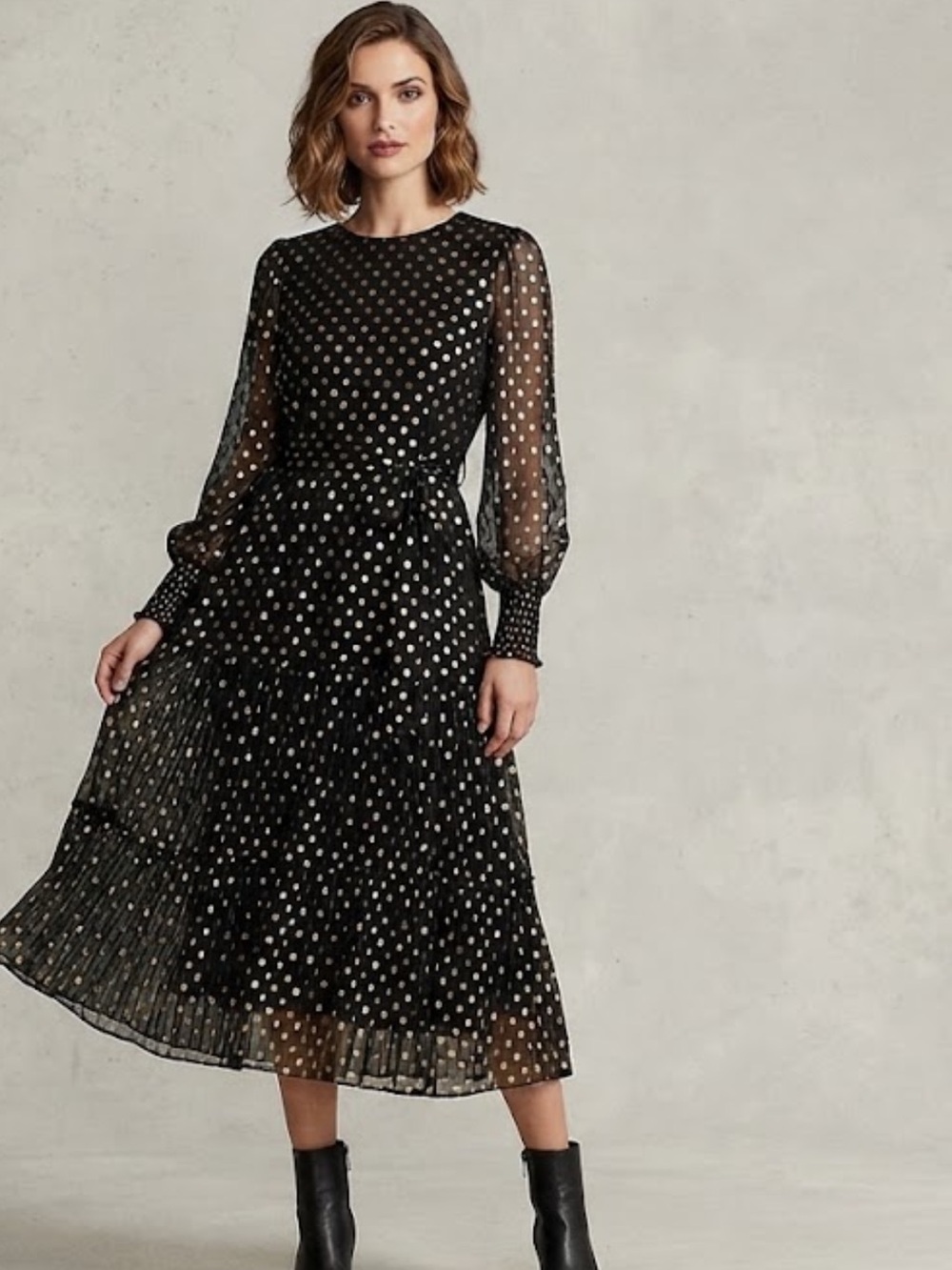 The Fold Black Silk Chiffon Long Sheer Sleeve Gold Dot Party Dress Size 6